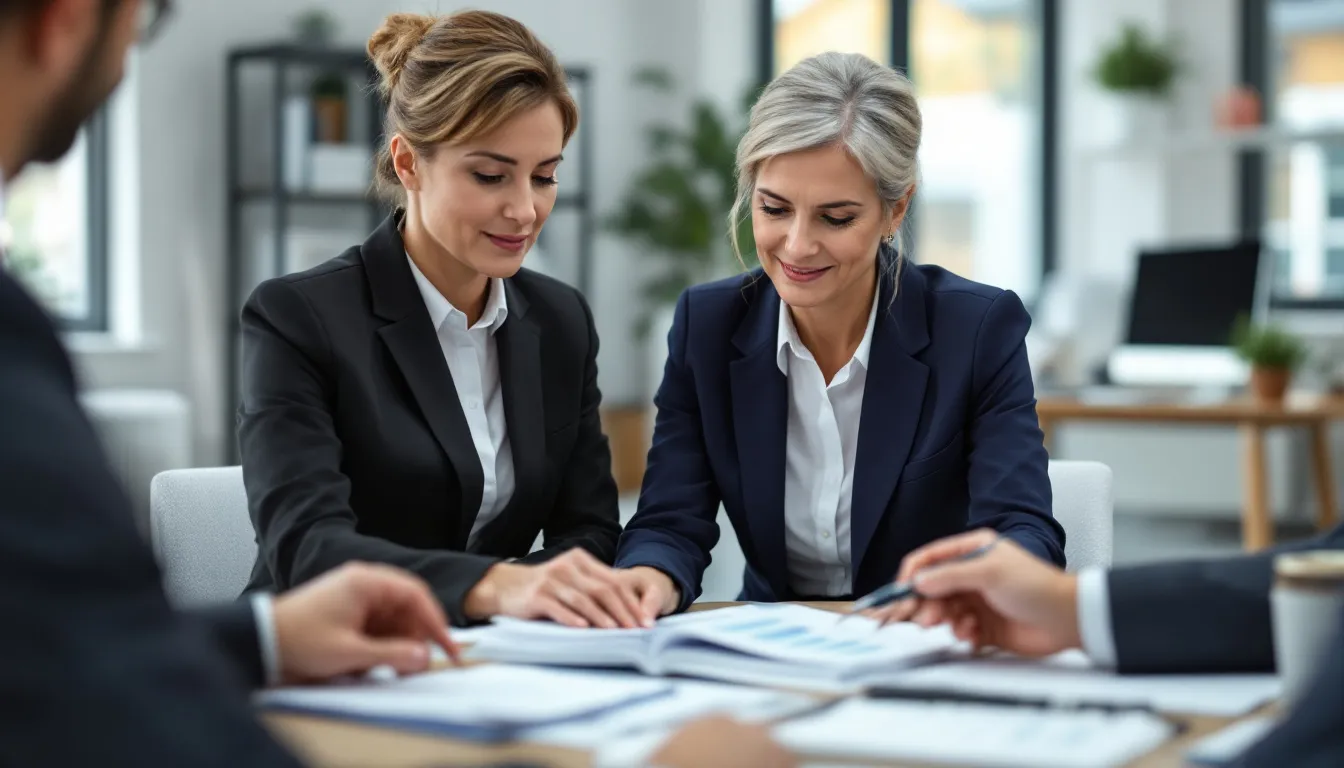 A woman is meeting with a financial advisor, discussing various retirement income options while reviewing important documents on a computer. The scene reflects a focus on planning for the future and the significance of financial security in life.