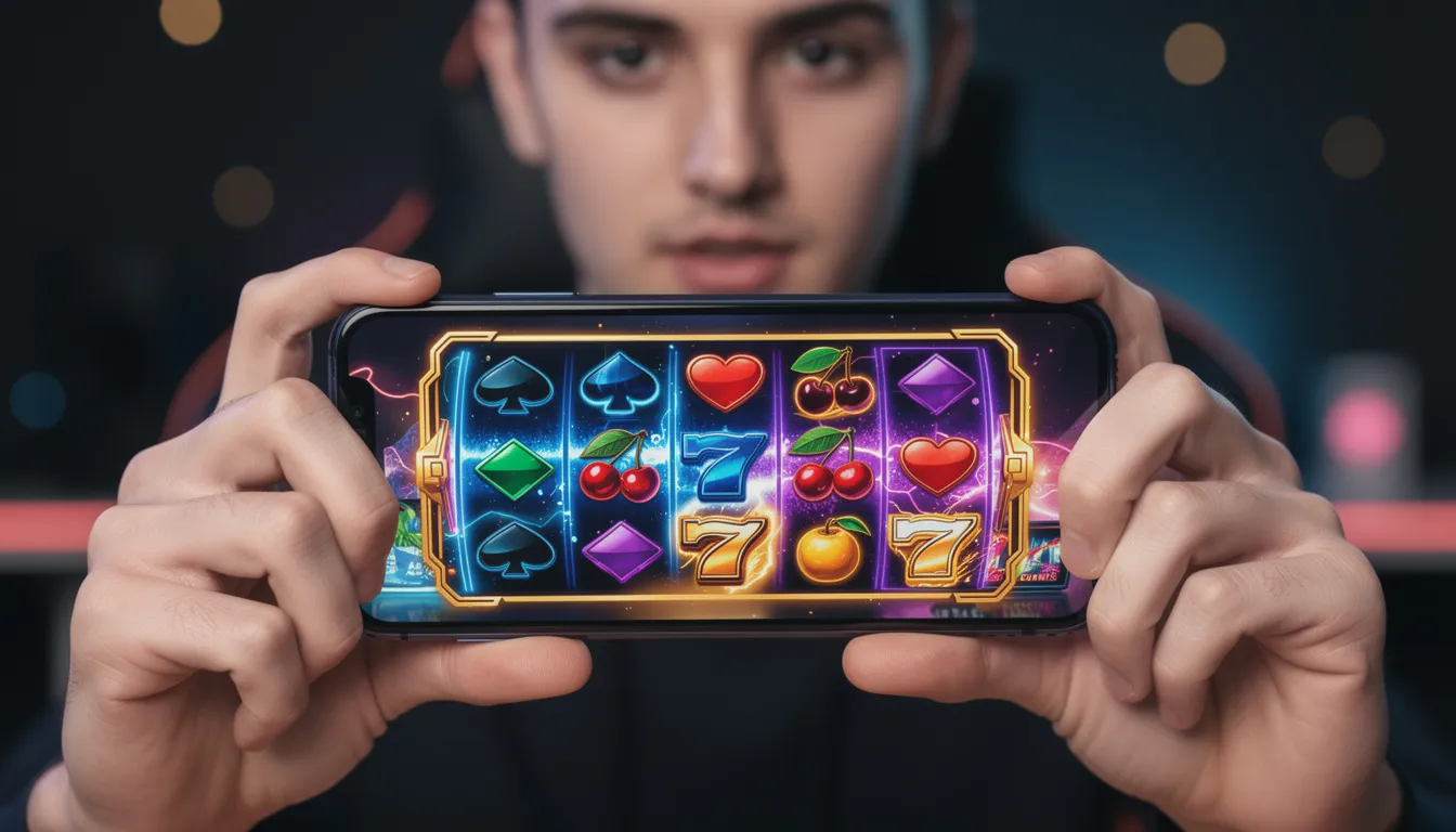 A person is holding a smartphone that displays a vibrant gaming interface filled with colorful card and slot symbols, highlighting the excitement of online gambling and casino games. The image captures the essence of an engaging online casino experience, perfect for players looking to win real cash prizes.