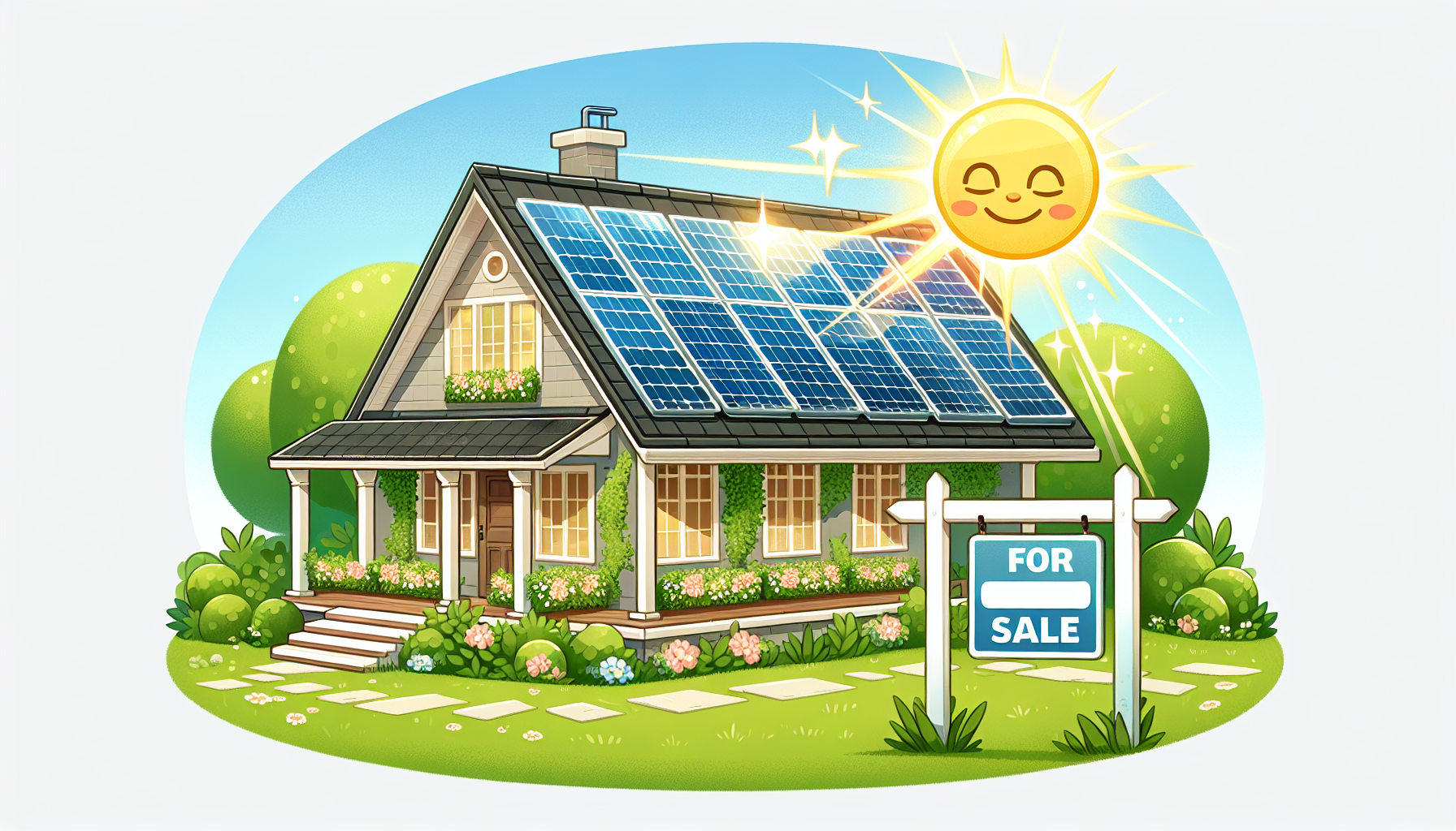 A drawing illustrating the benefits of having solar panels when selling a home.