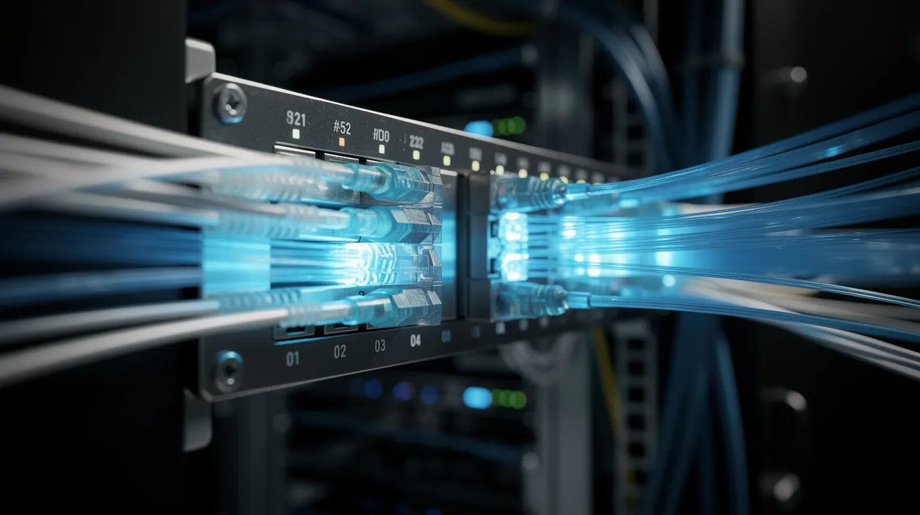 The image shows glowing blue fibre optic cables running through a network junction, symbolizing the high-speed connections essential for latency arbitrage trading in financial markets. These cables represent the sophisticated technology used by high frequency trading firms to detect price discrepancies and execute trades with minimal latency for profitable trades.