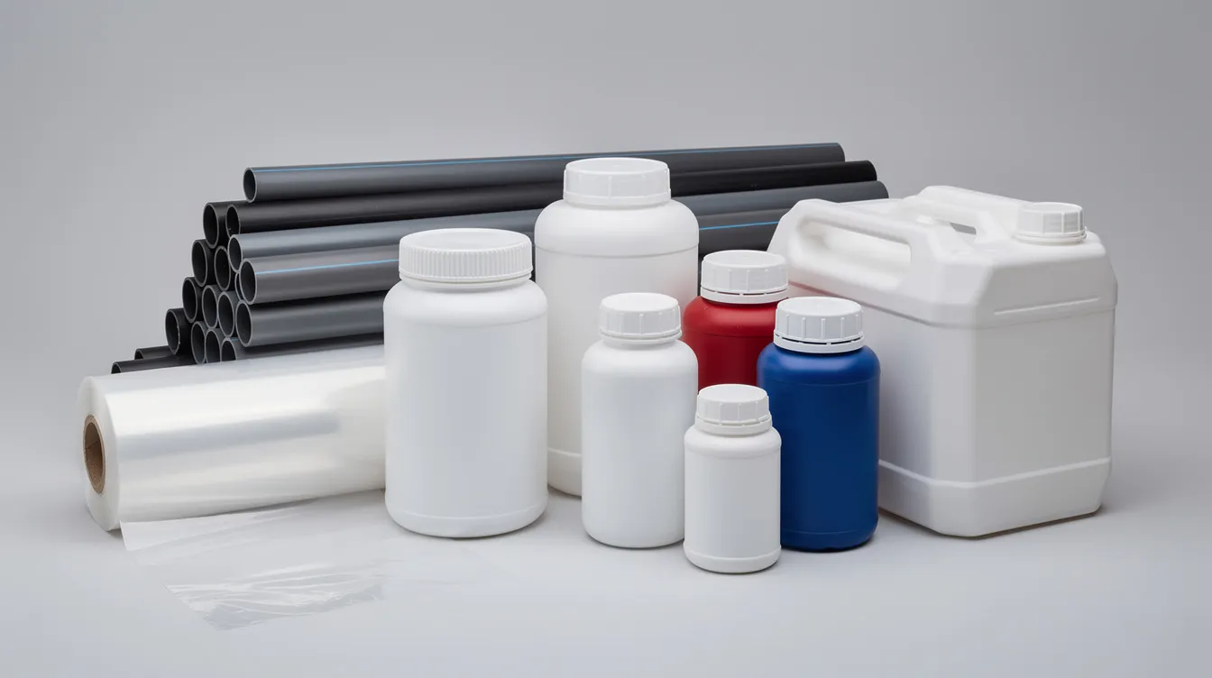 Na zdjęciu znajdują się różne produkty z polietylenu, w tym butelki HDPE, folia LDPE, rury oraz kanistry, ułożone obok siebie. Te wyroby charakteryzują się doskonałymi właściwościami chemicznymi i szerokim zastosowaniem w przemyśle chemicznym oraz spożywczym.
