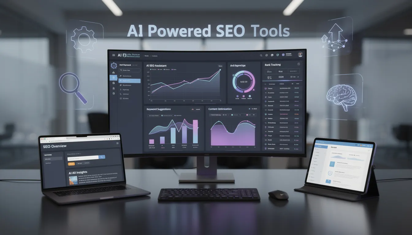 The image showcases a variety of AI-powered SEO tools designed to enhance search engine optimization. It features elements related to keyword research, content creation, and technical SEO audits, illustrating how these tools help SEO professionals improve search rankings and website visibility.