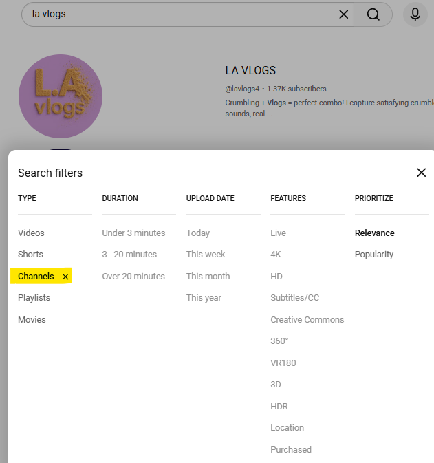 How to use YouTube Filters to search channels by location