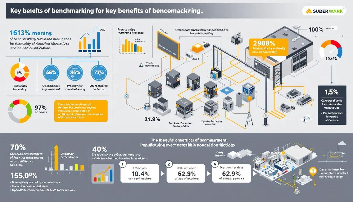 A diagram illustrating the key benefits of benchmarking for manufacturers, highlighting productivity and operational excellence.