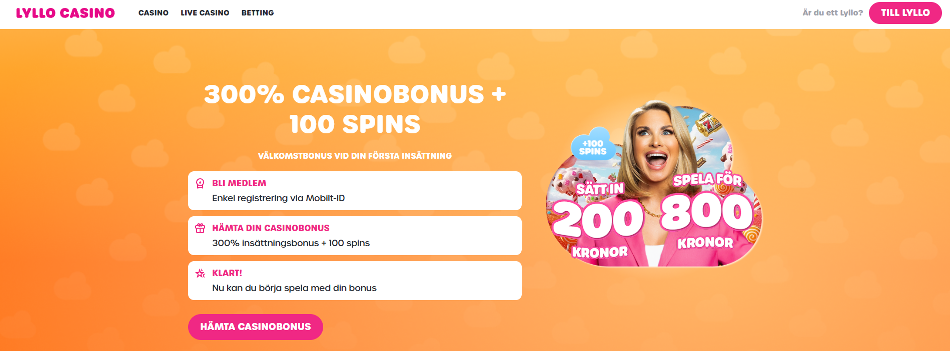 Lyllo Casinos startsida för välkomstbonus med 300 % casinobonus och 100 free spins vid första insättningen.