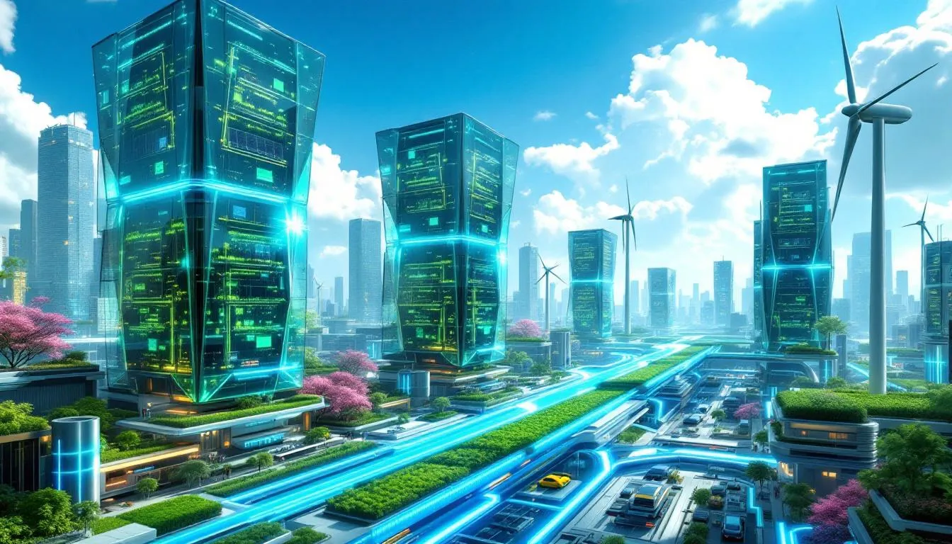 A conceptual image showcasing renewable energy sources powering data centers, symbolizing the embrace of sustainable energy solutions.
