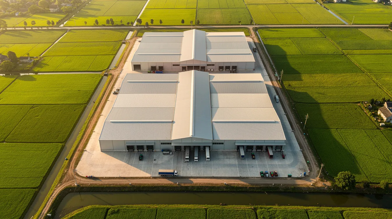 4397f63c 56bc 4eaf a50d aae81a85b568 An aerial view showcases a large agricultural warehouse complex surrounded by lush green paddy fields, symbolizing the backbone of rice mill projects in major rice-producing countries like India. This image reflects the extensive infrastructure supporting rice paddy cultivation and the parboiled rice processing plant, highlighting the importance of rice as a staple food in the region.