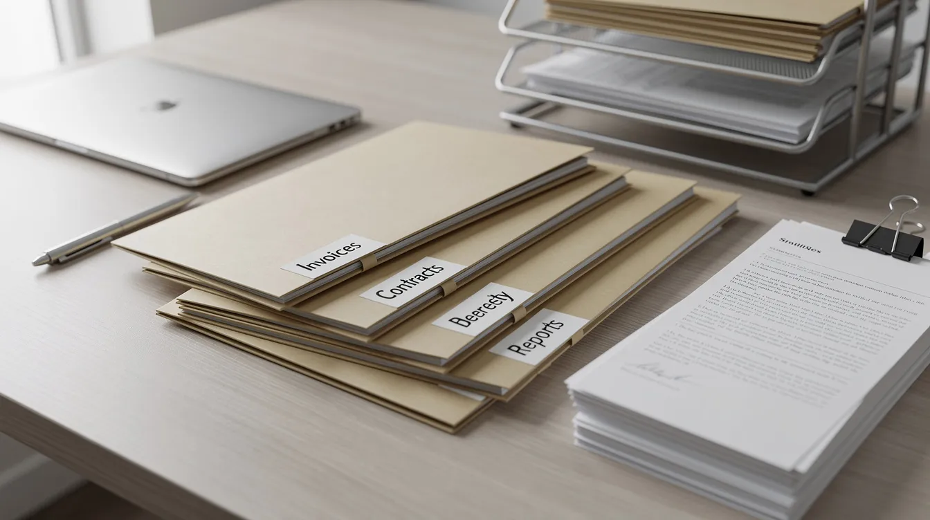 The image depicts a professional desk neatly organized with manila folders and documents, suggesting a workspace focused on managing insurance claims and policies. This setup may be used for addressing issues related to bad faith insurance claims and ensuring fair dealing practices within the insurance industry.