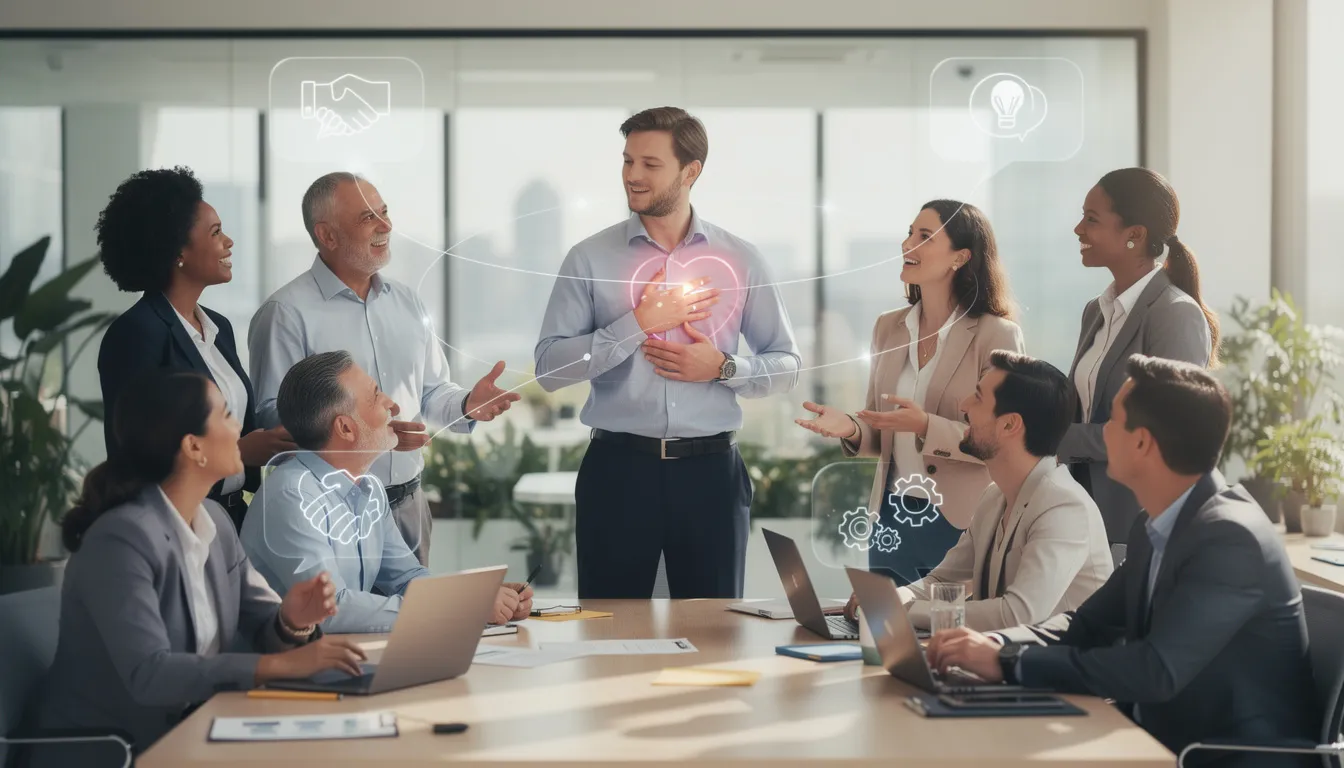 The image illustrates the concept of emotional intelligence as a key component of leadership development, showcasing a diverse group of leaders engaged in a collaborative discussion. They are focused on building trust, enhancing communication, and fostering positive relationships to drive team performance and cultivate a healthy organizational culture.