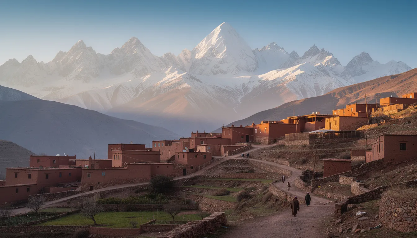 The image depicts the majestic snow-capped peaks of the Atlas Mountains towering over a traditional Berber village nestled in the valley below, showcasing the stunning beauty of Morocco's landscape. This scene offers a glimpse into the rich culture and breathtaking scenery that travelers can explore on a trip to Morocco.