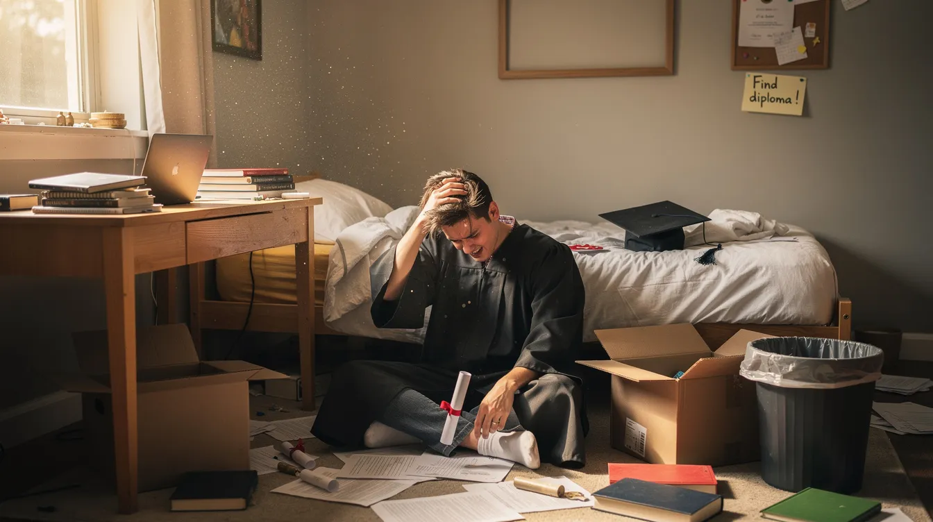 A frustrated graduate is searching through a pile of documents, looking for their lost college diploma, which they need to provide proof of their accomplishments to employers. The scene captures the stress of needing to submit a replacement request to the registrar's office for a new diploma, emphasizing the importance of keeping personal records organized.