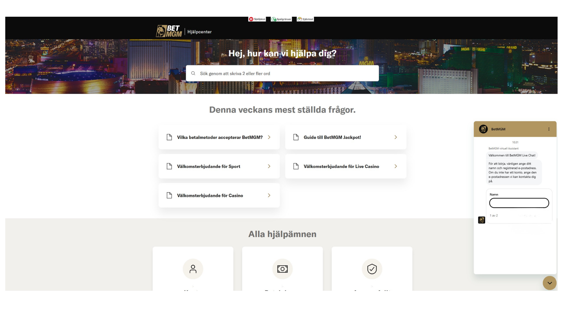 Kundtjänst hos BetMGM.
