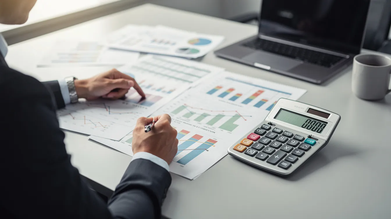 A person is focused on reviewing financial spreadsheets and charts spread across a desk, with a calculator positioned nearby, highlighting their business marketing strategy and efforts in analyzing market trends and potential customers. This scene emphasizes the importance of data in shaping effective marketing campaigns and business growth strategies.