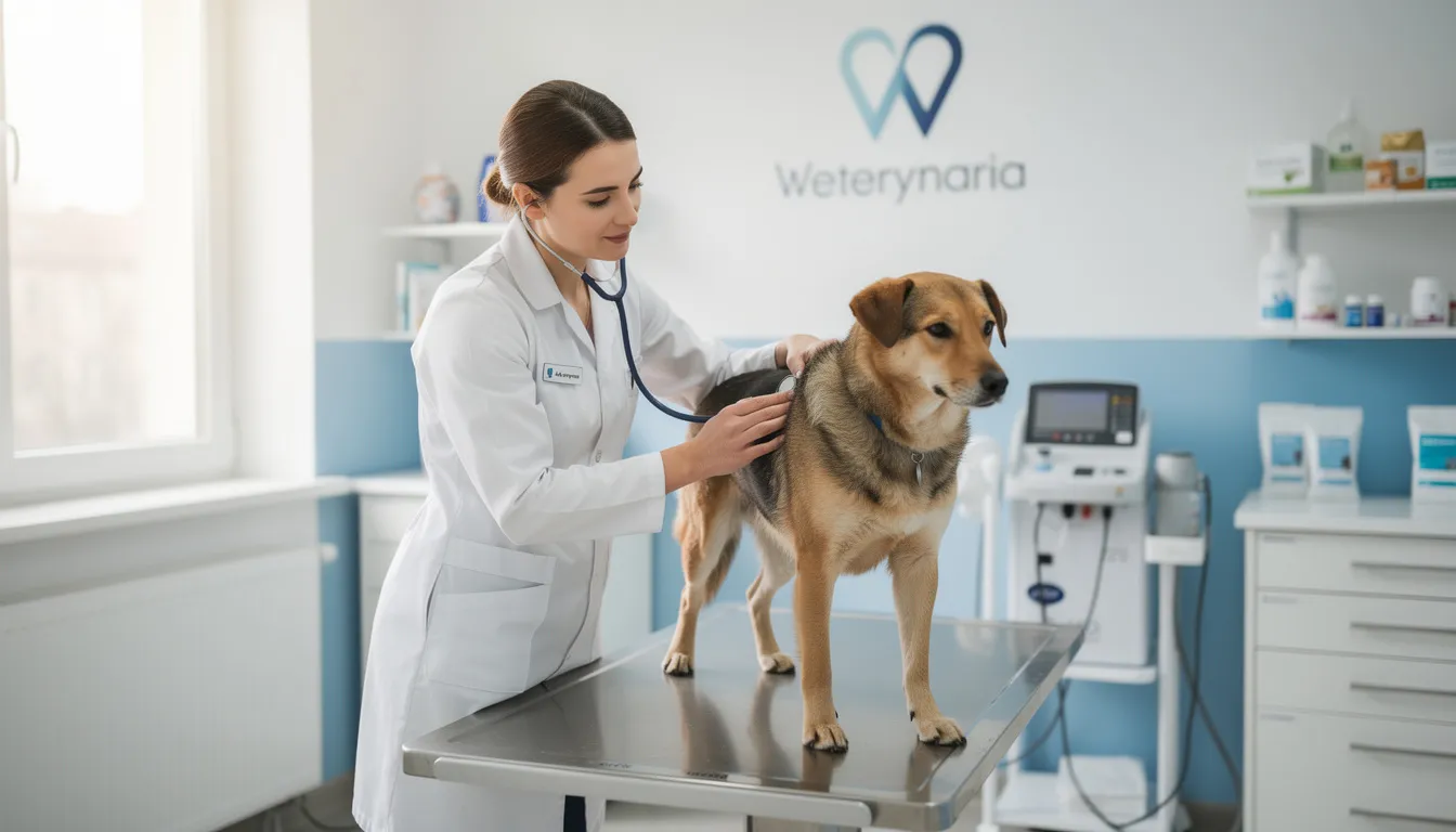 Na zdjęciu widoczny jest weterynarz w białym fartuchu, który bada psa leżącego na stole diagnostycznym. W tle widać sprzęt medyczny, a lekarz wykonuje badanie kliniczne, aby ocenić stan zdrowia psa oraz ewentualne objawy neurologiczne.