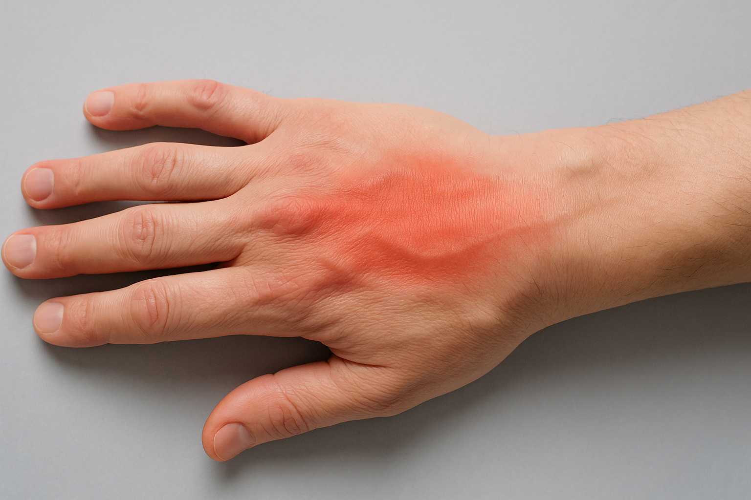 Hånd med tydelig betennelse og rødhet langs seneskjeden, et vanlig symptom på tenosynovitt i håndleddet.