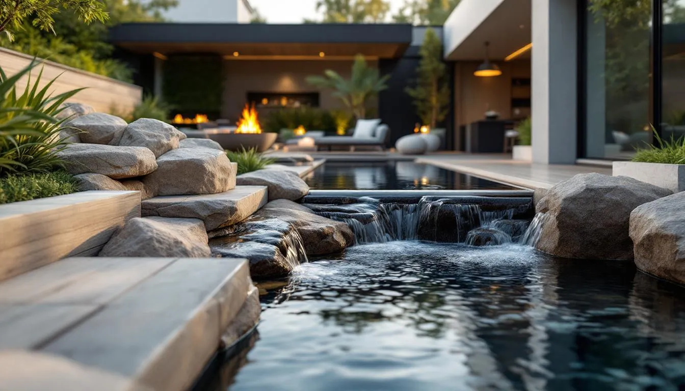 A harmonious blend of fire and water elements in an outdoor setting.