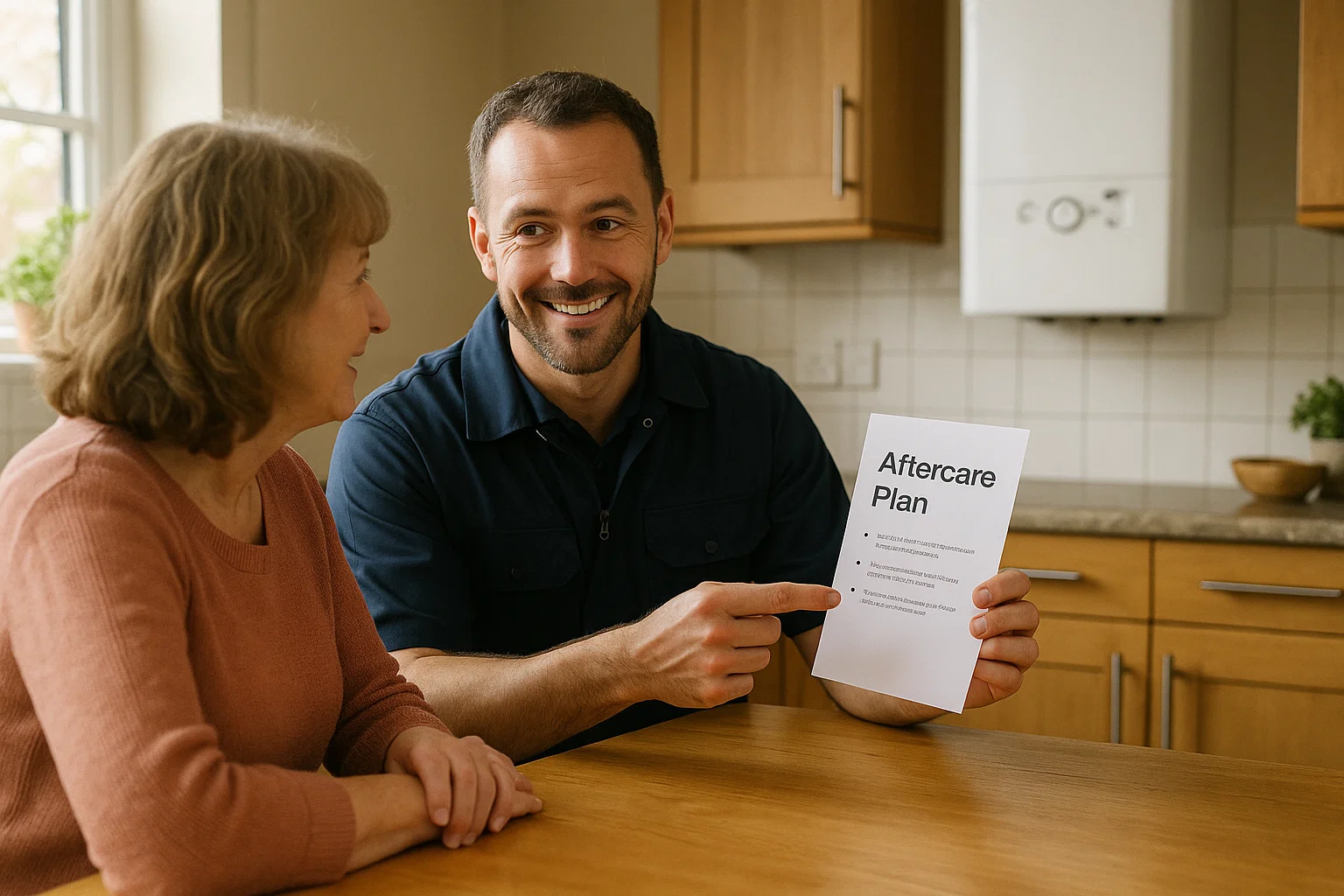 Heating engineer explaining a boiler aftercare plan to a homeowner at the kitchen table.