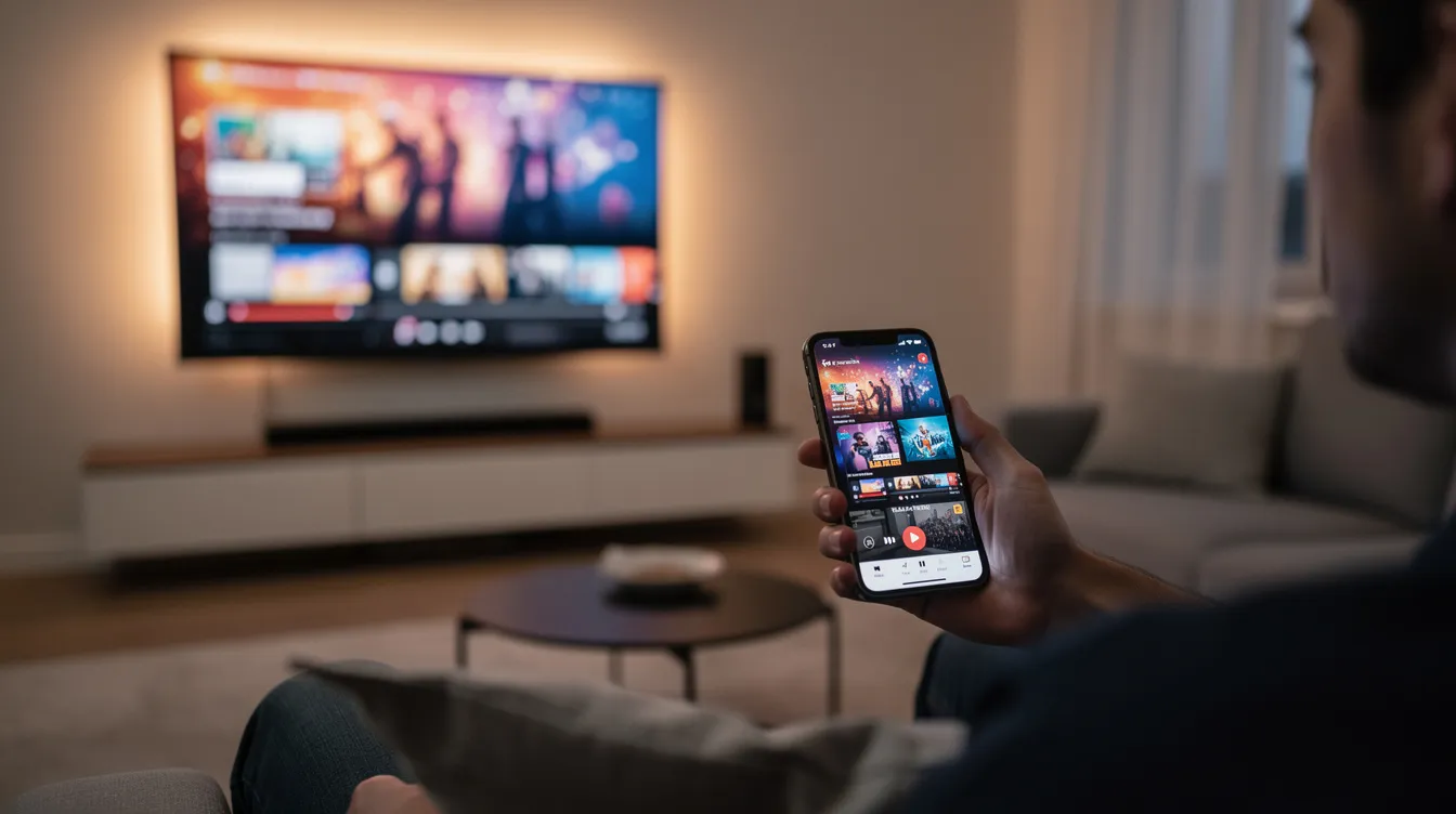 The image shows a person holding a smartphone displaying a live streaming service, while a television in the background mirrors the same content, illustrating the convenience of multi-device streaming with IPTV services. This setup highlights the flexibility of watching live TV channels across multiple devices, showcasing modern IPTV technology.