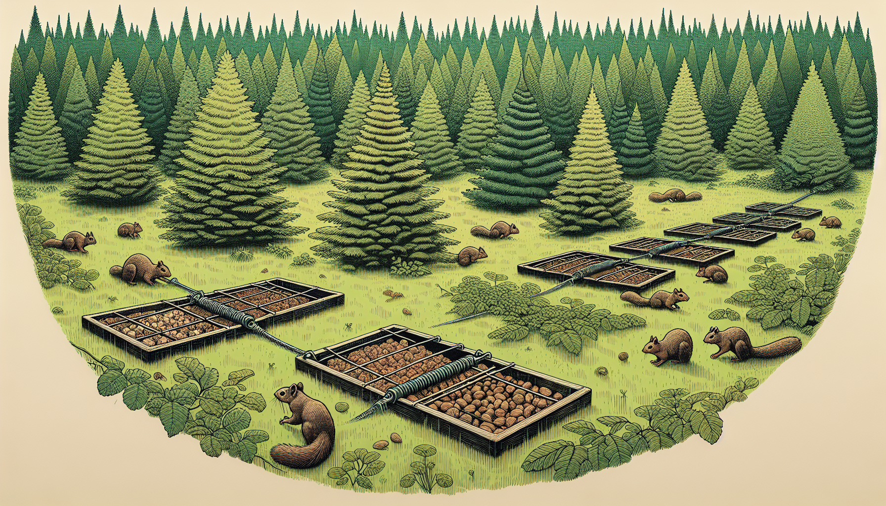 Illustration of bait placement for attracting squirrels to traps