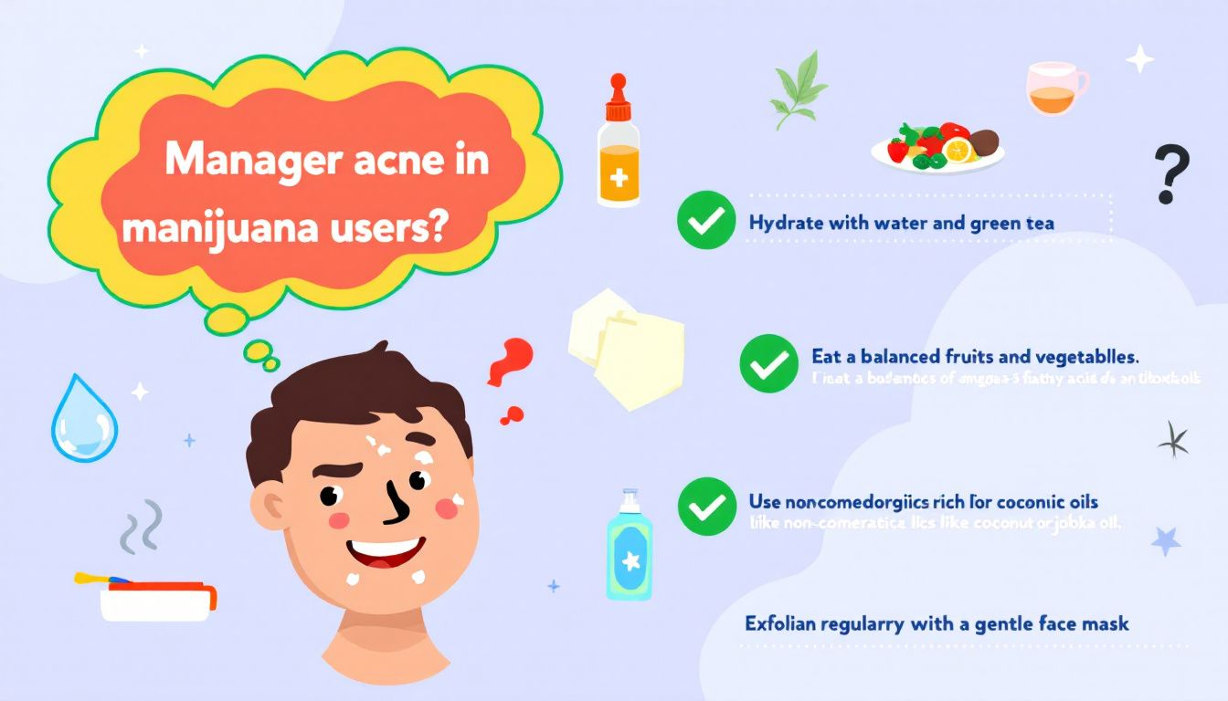 A visual representation of practical tips for marijuana users to manage acne, including diet and skincare.