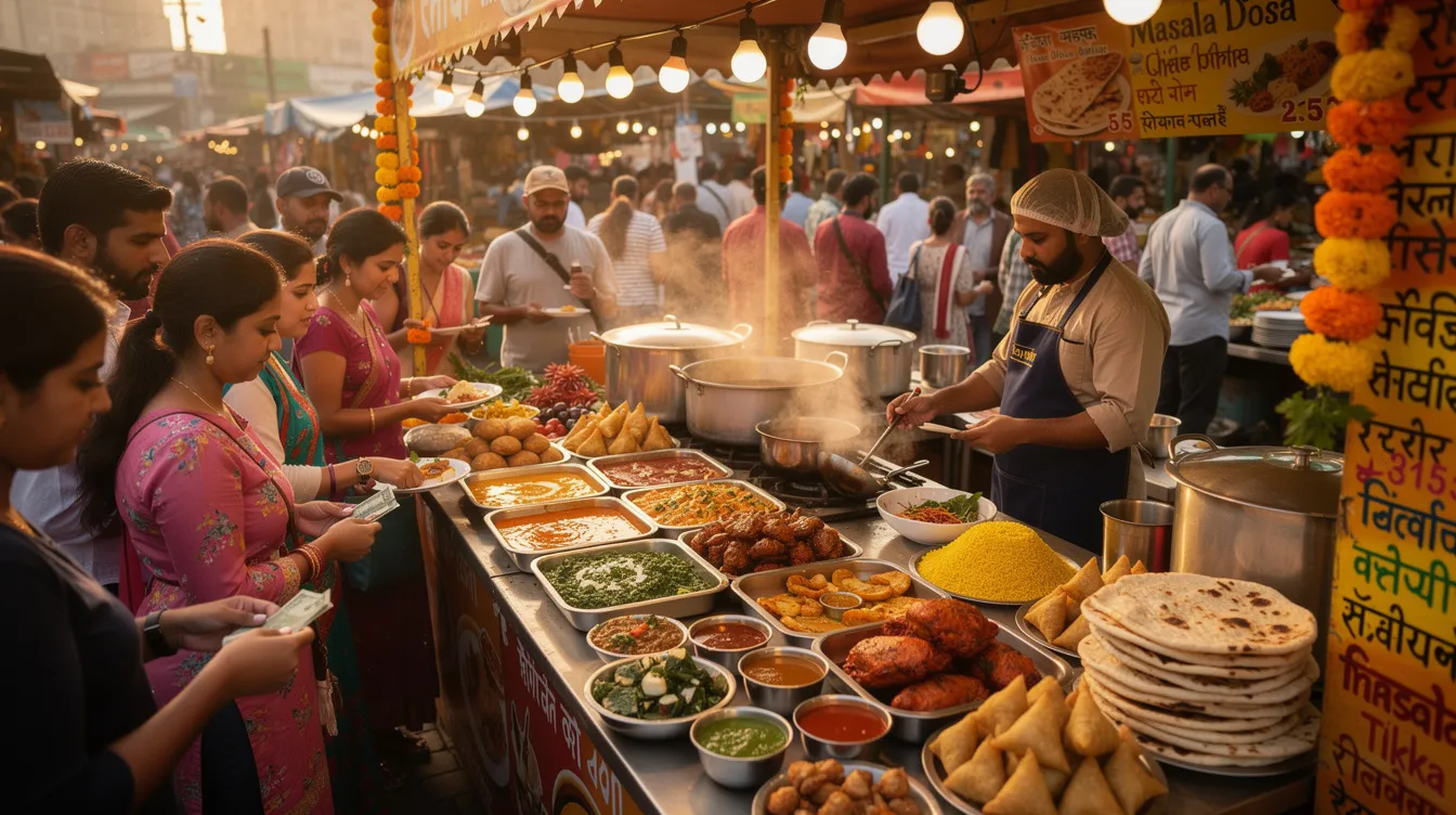 The image depicts a bustling food stall in Delhi NCR, showcasing a variety of colorful Indian dishes that attract a diverse crowd of customers, including domestic and international tourists. This vibrant scene highlights the thriving street food business, reflecting the growing market demand and potential for aspiring entrepreneurs in the region.