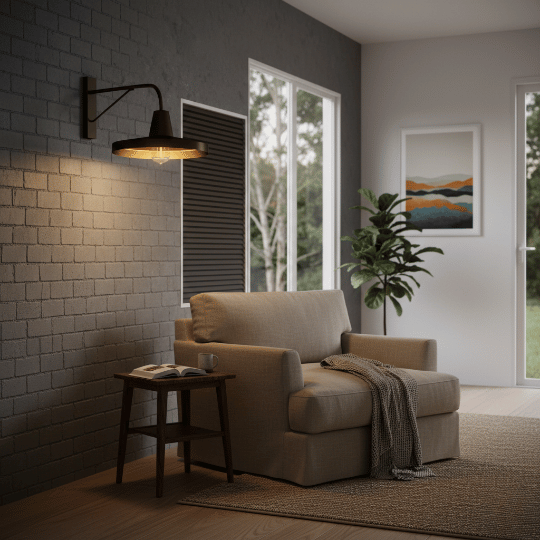 Black gooseneck barn light wall sconce installed inside above lounge chair.