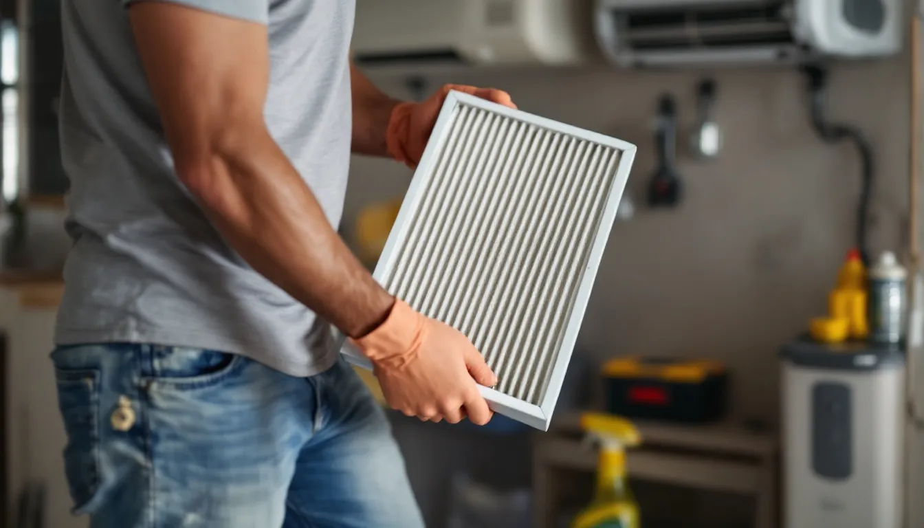 A homeowner is inspecting and replacing an air conditioning filter to ensure the system operates efficiently, contributing to their home's cooling needs and overall energy efficiency. This maintenance task helps maintain comfort and prolongs the life of the air conditioning system.