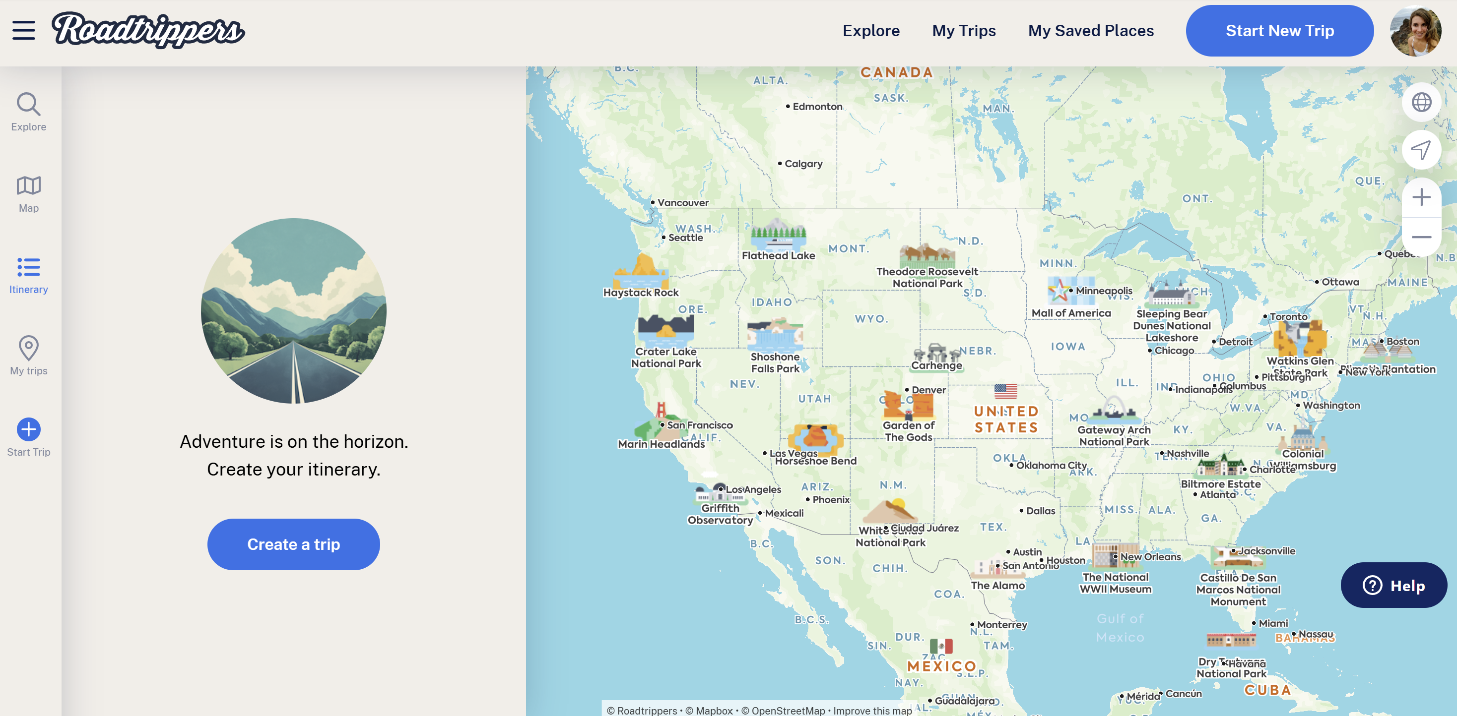 An overview of the Roadtrippers app interface showcasing features for roadtrippers planning their next adventure.
