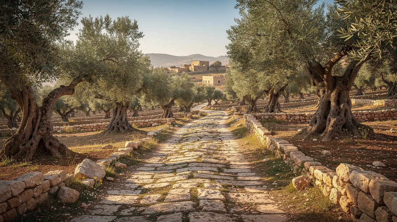 An ancient stone road winds through lush olive groves in a serene Middle Eastern landscape, inviting fellow travelers to explore its rich history and discover the beauty of local culture. This picturesque scene embodies a perfect journey filled with adventure and inspiration, where stories shared among friends create meaningful connections.