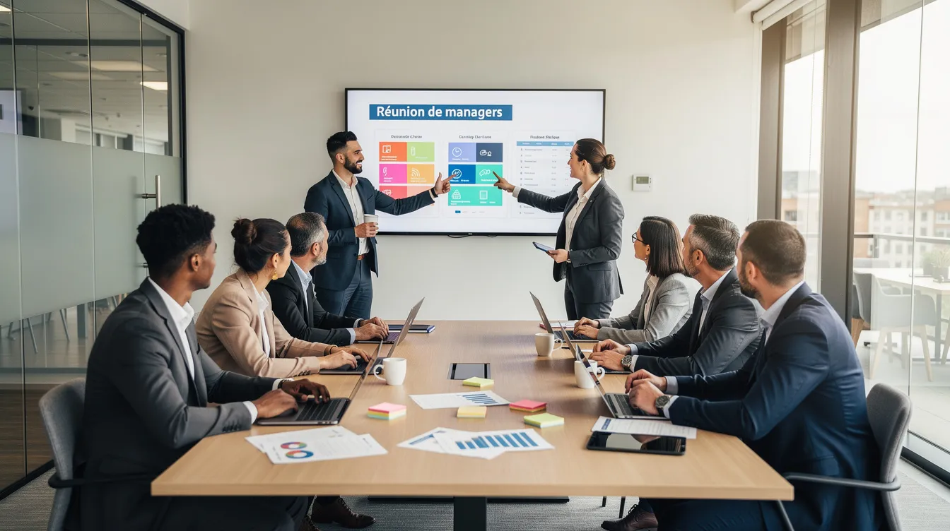 L'image montre un groupe de managers en réunion collaborative dans un espace de travail moderne, discutant de stratégies de management et de développement des compétences pour améliorer l'efficacité de leur équipe. L'ambiance est dynamique, favorisant la collaboration et la prise de décision collective.