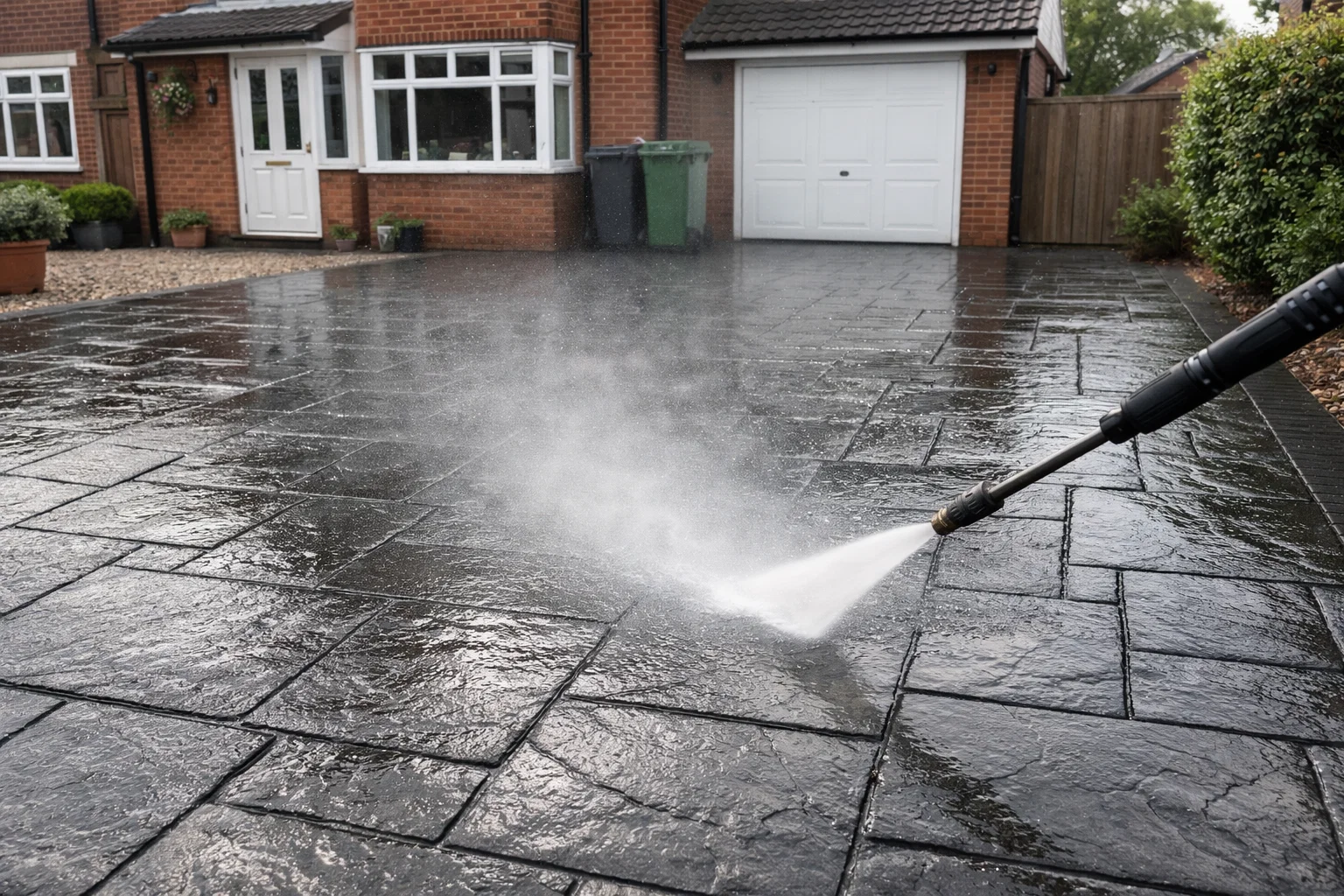Cleaning and maintaining a sealed imprinted concrete driveway with a pressure washer.