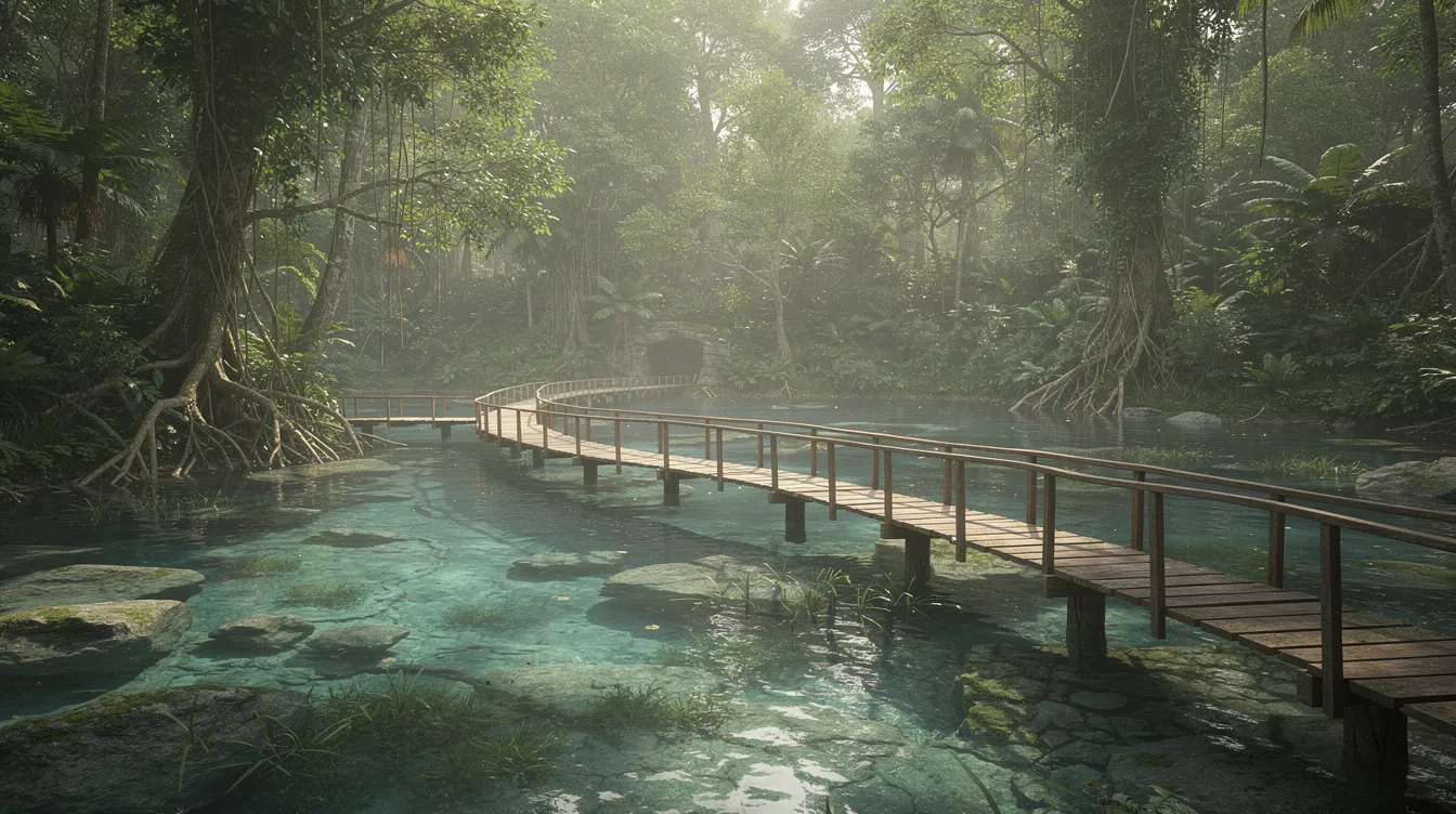 Imagem de lagos cristalinos, cercados por uma densa floresta verde, com passarelas de madeira que se estendem sobre a água, criando um cenário sereno e natural, típico do Parque Nacional dos Lagos de Plitvice, na Croácia. A combinação das águas azuis e verdes com a vegetação ao redor proporciona uma vista deslumbrante e tranquila.
