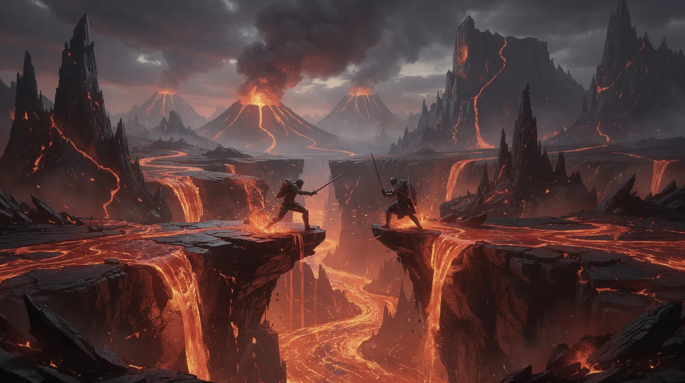 Die Bildbeschreibung zeigt eine dramatische vulkanische Landschaft mit strömender Lava und zwei Schwertkämpfern, die sich auf einer schmalen Plattform gegenüberstehen. Der Himmel ist von orangerotem Glühen durchzogen, was an die epischen Szenen aus den Star Wars-Filmen erinnert.
