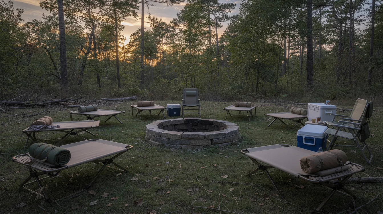 The image depicts several camping cots arranged on a grassy area near a campfire ring, surrounded by trees, creating a cozy campsite atmosphere. These cots, including options like the Helinox Lite Cot and Klymit Cedar Mesa Cot, provide a stable sleeping surface for outdoor enthusiasts seeking a comfortable night's sleep while enjoying their camping experience.