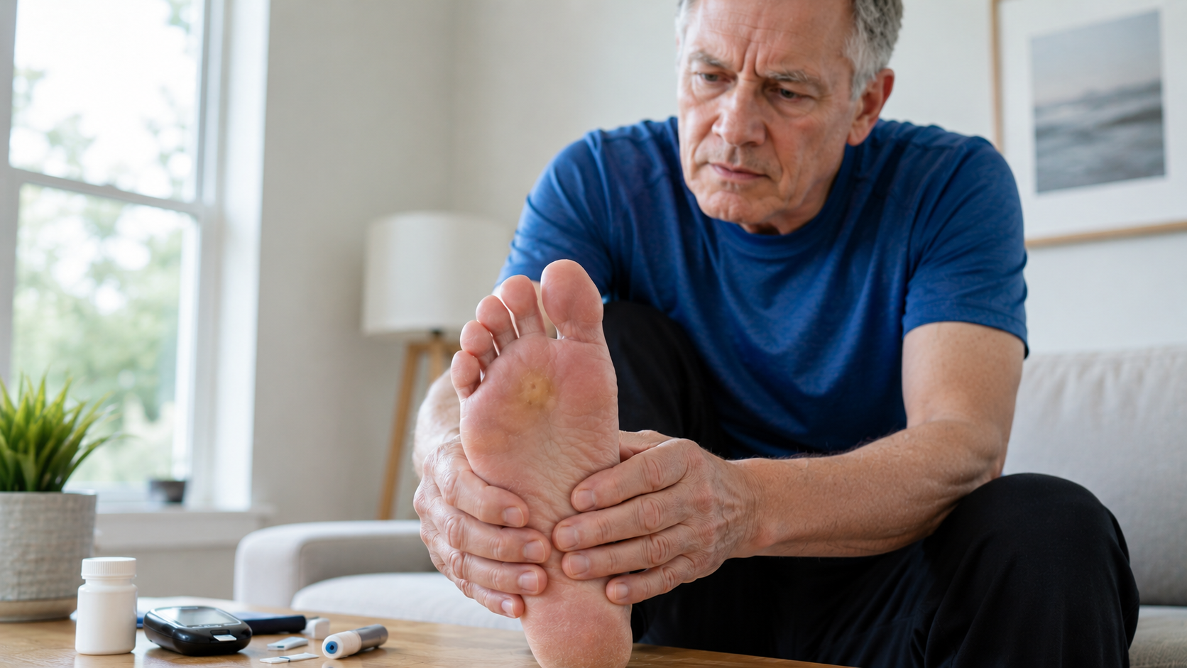 Older adult checking a corn on the bottom of the foot as part of a daily diabetic foot care routine.
