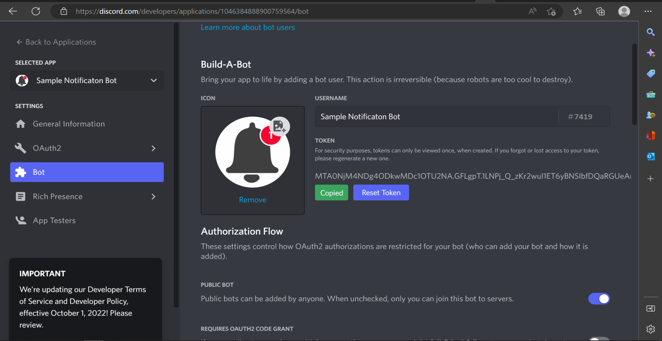 The general information page of a Discord bot.