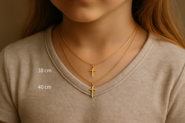 Maža mergaitė dėvi tris skirtingo ilgio auksines grandinėles su kryželio pakabukais. Šalia pažymėti ilgiai – 38 cm ir 40 cm