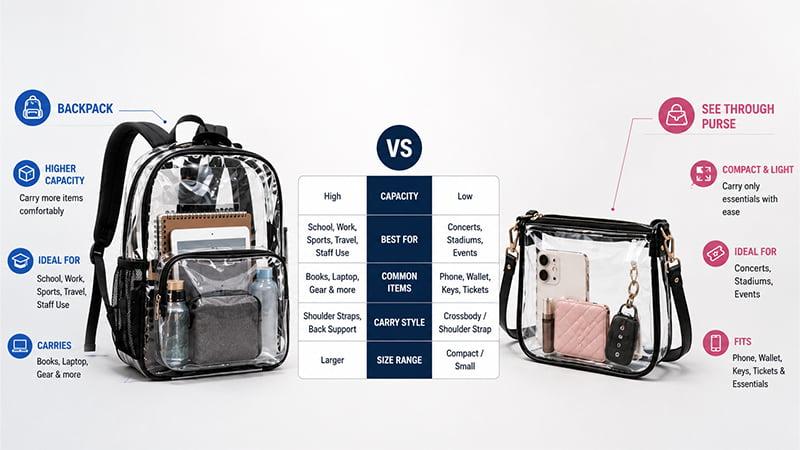 Transparent backpack and see-through purse comparison showing capacity, carry style, common items, and best use cases.