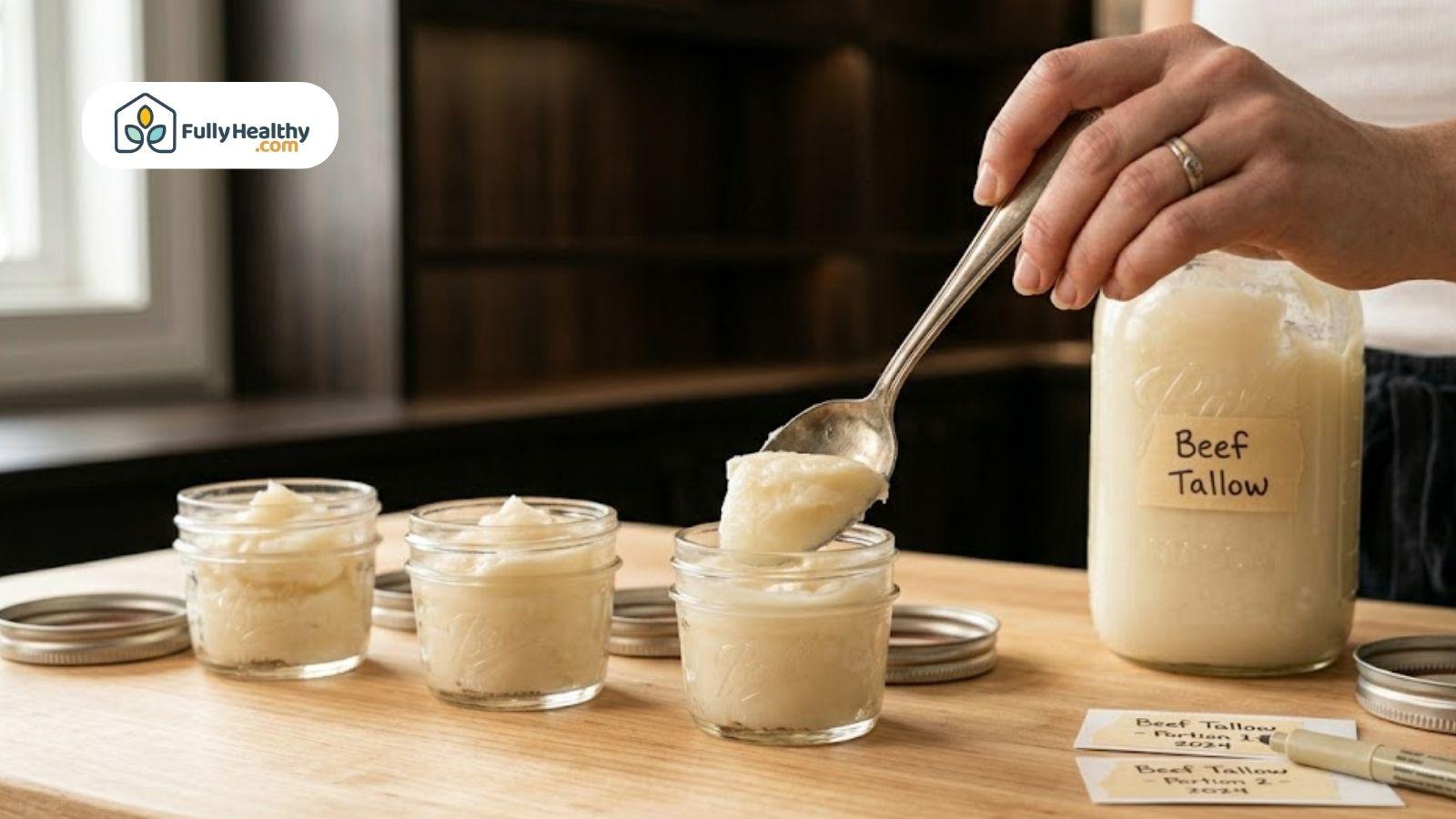 Portioning beef tallow into small glass jars for storage and future use.