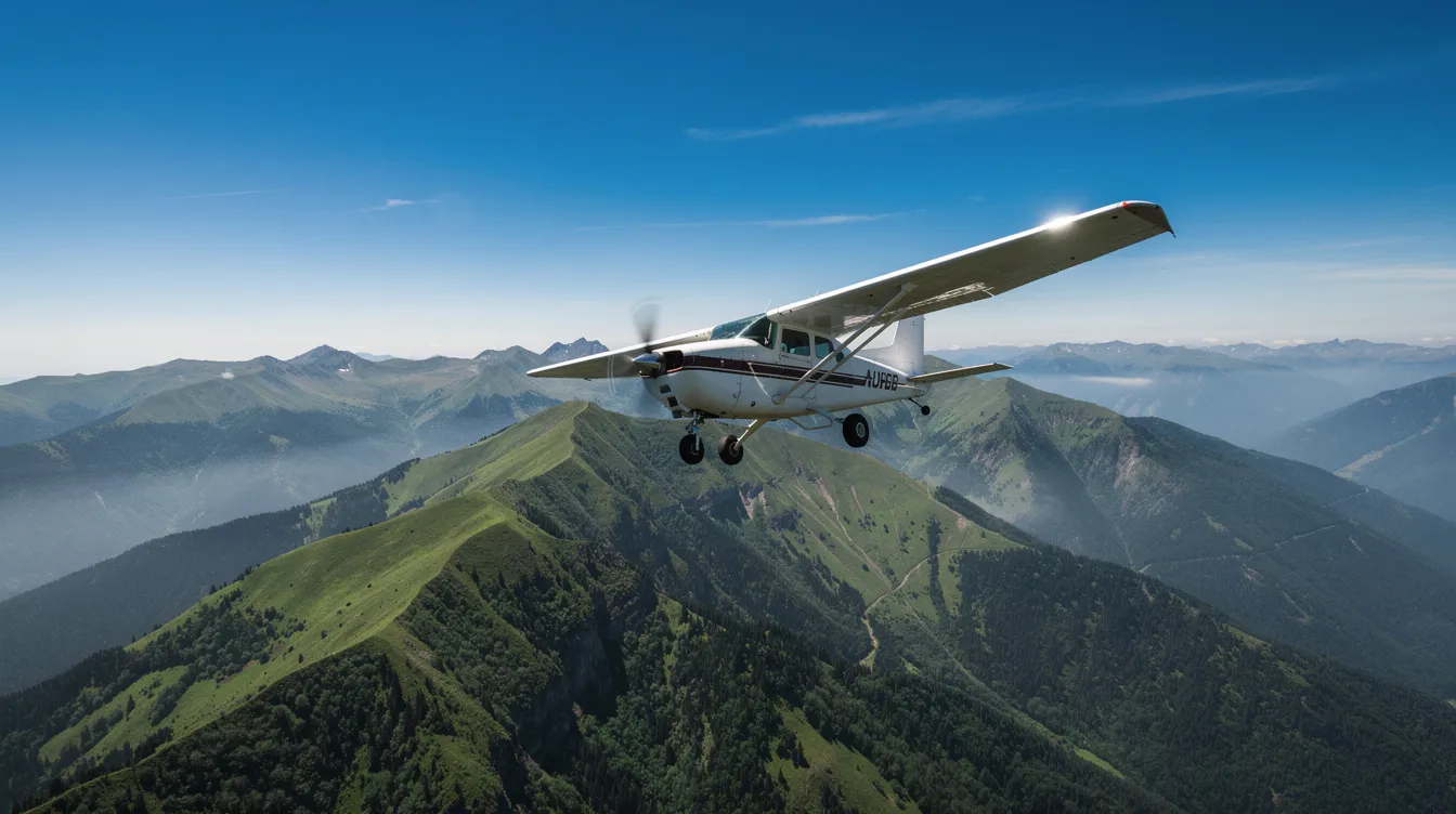 A small propeller aircraft is climbing steeply over lush green mountainous terrain under a clear blue sky, showcasing its performance in standard atmospheric conditions. The scene captures the essence of flight at higher altitudes, where air pressure and temperature play crucial roles in aircraft performance calculations.