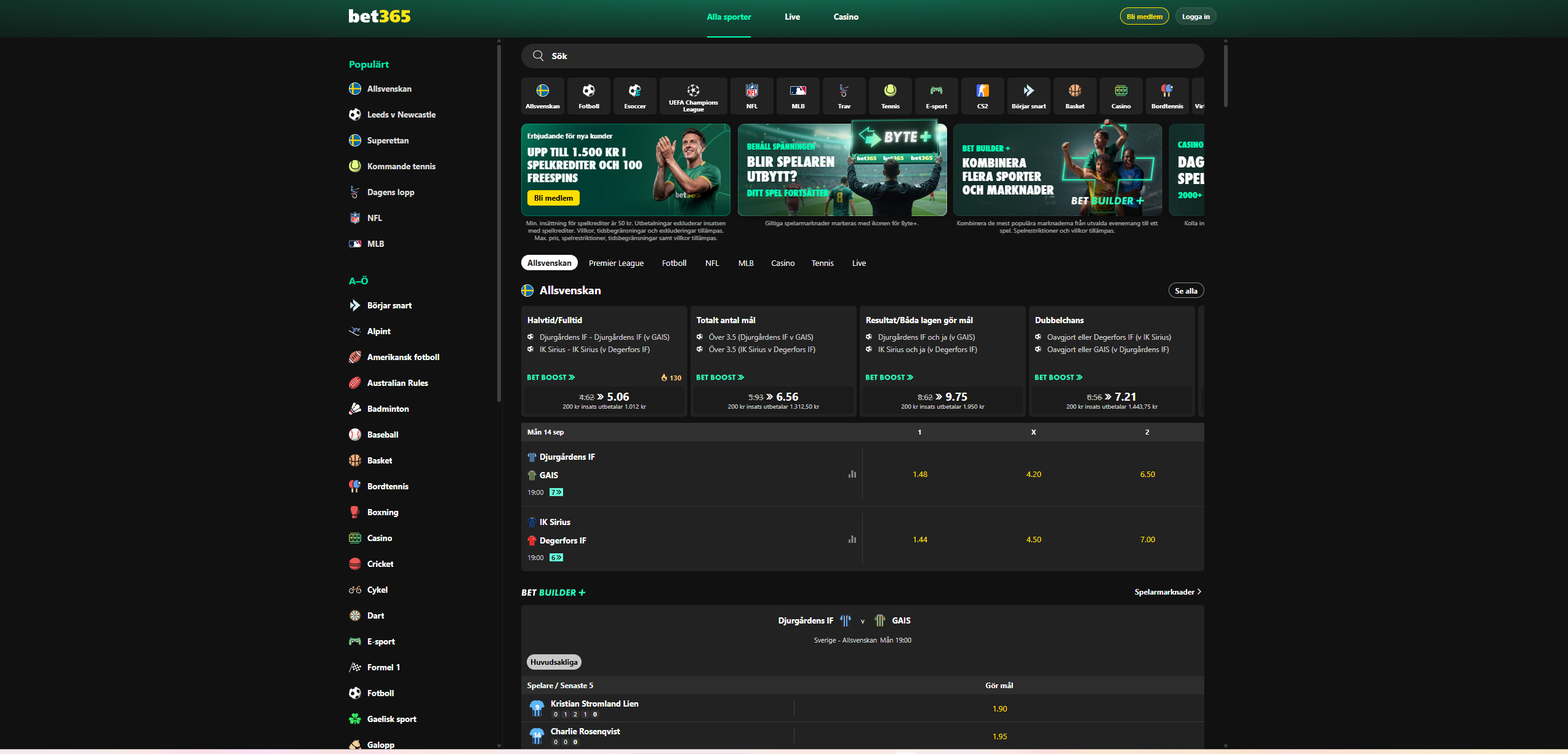Bet365 startsida med sport, odds och betting.