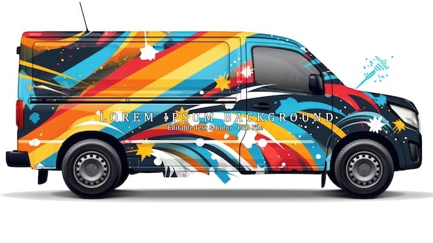 Delivery van with a dynamic, multicolored wrap design featuring red, yellow, blue, and white streaks and splashes, used for branding or promotional purposes.
