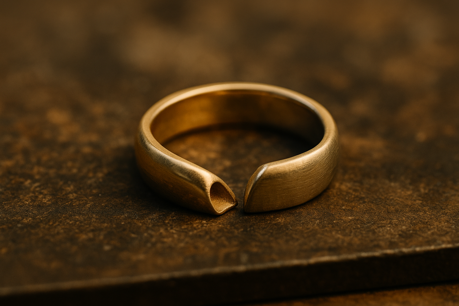 Perkirptas per pusę geltono aukso vestuvinis žiedas ant juvelyro stalo, aiškiai matosi, kad vidus tuščiaviduris, todėl žiedas lengvesnis