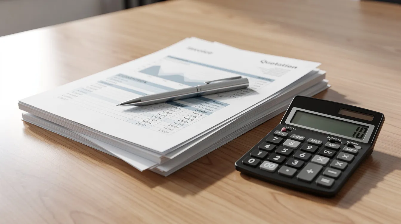 A neat stack of business documents, including a basic business plan and bank statements, sits alongside a calculator on a wooden desk, suggesting preparation for loan applications or financial planning. This organized setup may be used by small business owners seeking financial assistance from regional rural banks or microfinance institutions.