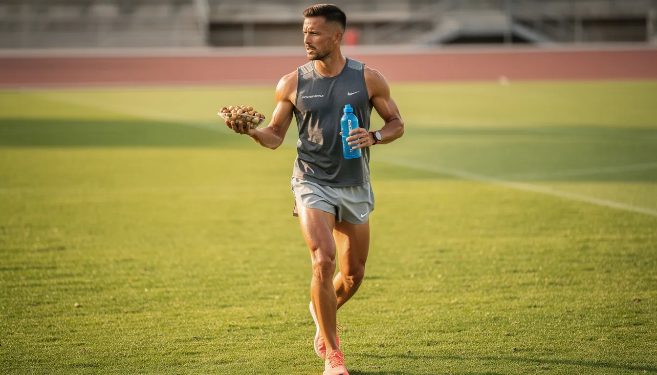 A fit male runner stands on a field, holding a Powerade energy drink in one hand and a handful of mixed nuts, including macadamia nuts and pistachios, in the other. This image highlights the importance of incorporating healthy snacks, like tree nuts, into an active lifestyle for optimal energy and health benefits.