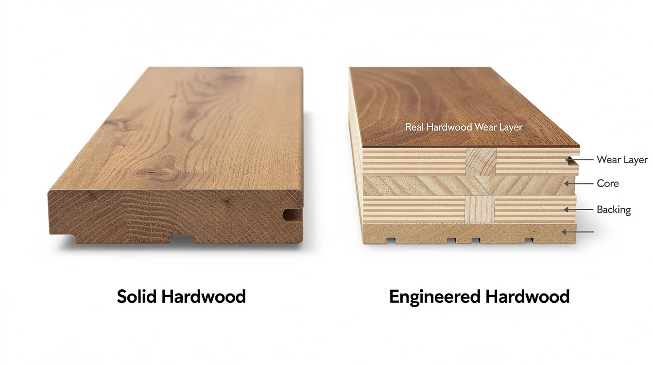 The image shows a cross-section comparison of a solid hardwood plank and an engineered hardwood plank, highlighting the layered construction differences between the two types of wood flooring. This visual representation helps homeowners understand the materials and structure involved in hardwood floor installation, which can impact overall costs and durability.