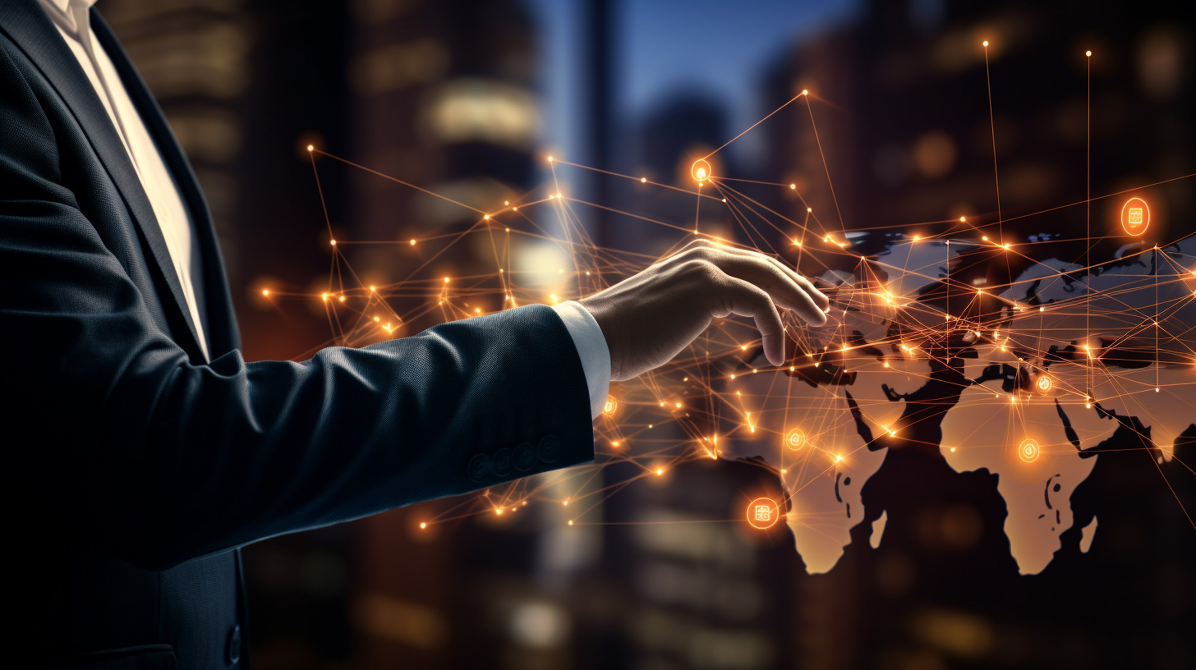 A close-up of a suited businessperson’s hand reaching toward a digital map of the world overlaid with glowing connection lines and icons. This high-tech representation signifies the global reach and scalability of cloud-based communications and UCaaS platforms.