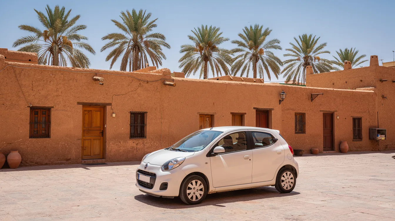 Un'auto compatta bianca è parcheggiata in una piazzetta tipica di Marrakech, circondata da muri color ocra e palme, che creano un'atmosfera caratteristica del Marocco. Questa scena rappresenta un'ottima opportunità per chi cerca un servizio di noleggio auto a Marrakech per esplorare la città e le sue attrazioni.