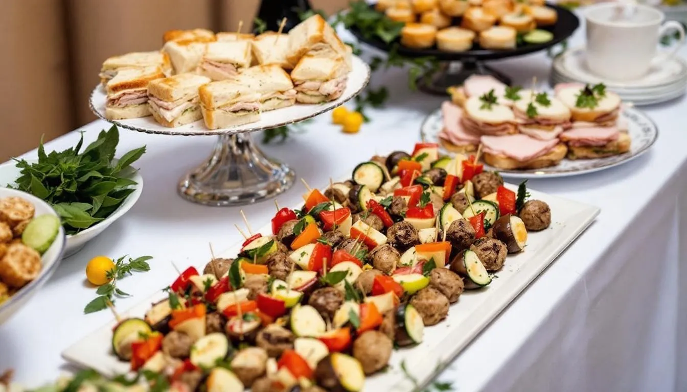 An elegant catering table loaded with assorted bites like Parma ham sandwiches, salmon wraps, and arugula-olive salads—perfect for events in Warsaw. The table is neatly set to keep guests happy at birthdays or business meetings.