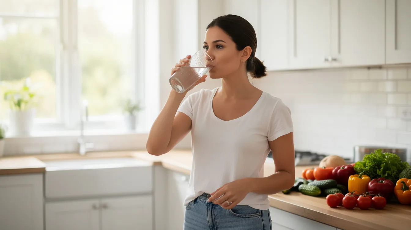 Une femme souriante boit un grand verre d'eau dans une cuisine lumineuse, entourée de légumes frais sur le comptoir, symbolisant un mode de vie sain. Cette image évoque l'importance de l'hydratation et d'une alimentation équilibrée, souvent discutée dans le contexte de la prise de poids et des effets secondaires liés à des méthodes de contraception comme le stérilet au cuivre.